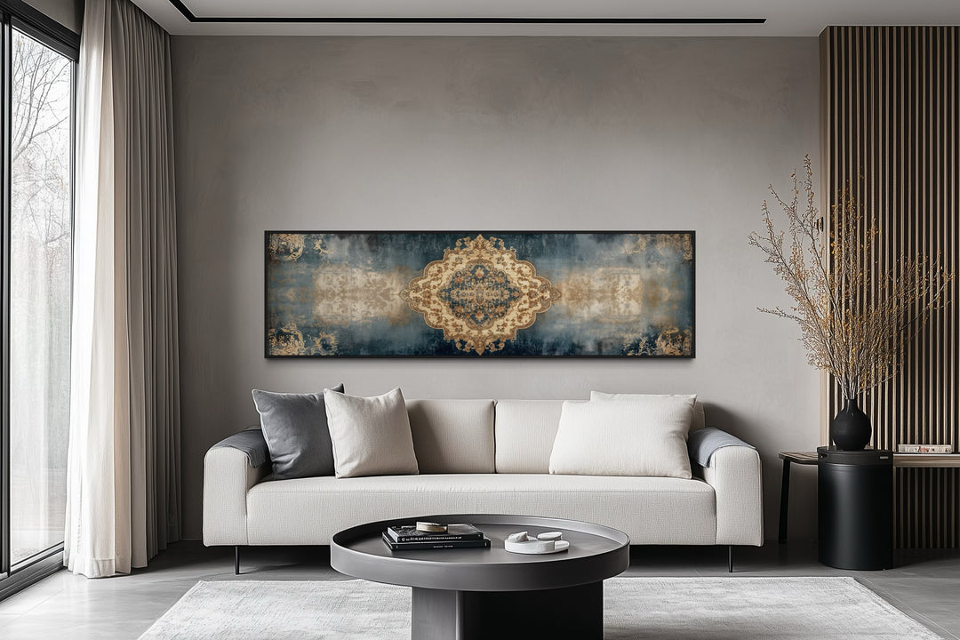 Long Horizontal Blue Beige Persian Rug Canvas Wall Art Print