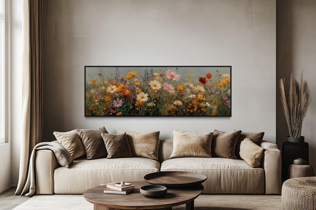Long Horizontal Colorful Wild Flowers Painting Wall Art