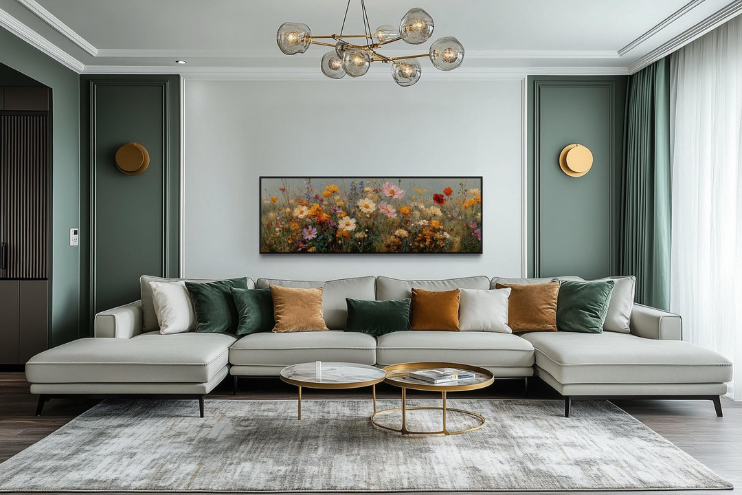 Long Horizontal Colorful Wild Flowers Painting Wall Art