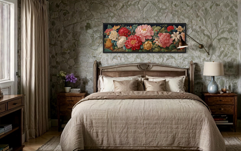 Long Horizontal Floral Antique Style Peonies And Roses Framed Tapestry Wall Art