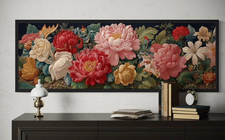 Long Horizontal Floral Antique Style Peonies And Roses Framed Tapestry Wall Art