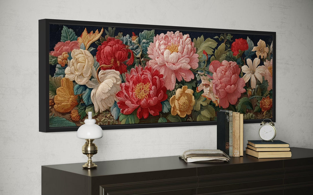 Long Horizontal Floral Antique Style Peonies And Roses Framed Tapestry Wall Art