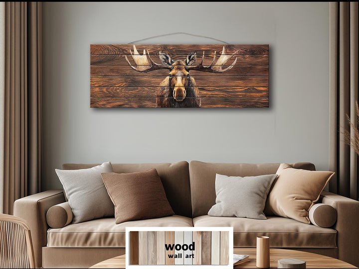Long Horizontal Moose Real Brown Wood Wall Art