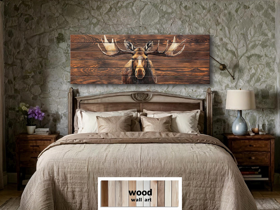 Long Horizontal Moose Real Brown Wood Wall Art