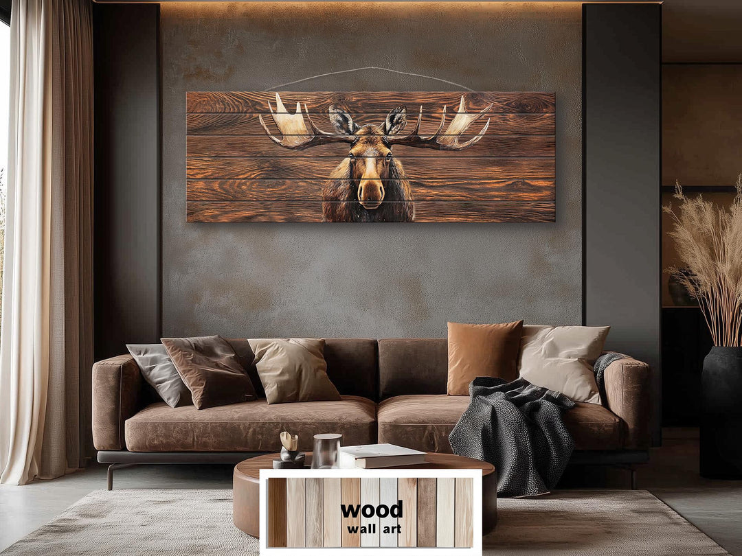 Long Horizontal Moose Real Brown Wood Wall Art