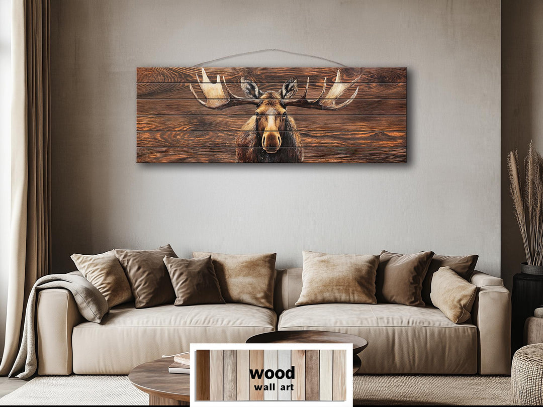 Long Horizontal Moose Real Brown Wood Wall Art