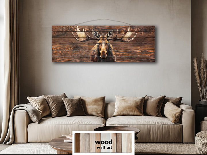 Long Horizontal Moose Real Brown Wood Wall Art