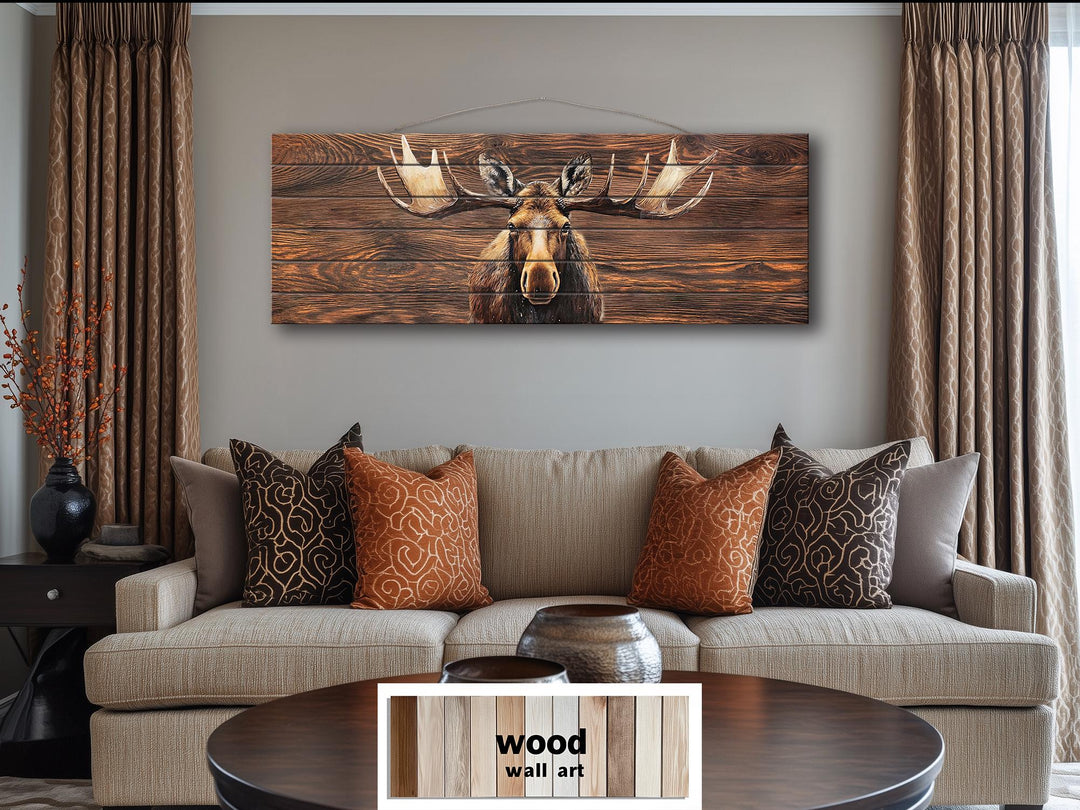 Long Horizontal Moose Real Brown Wood Wall Art