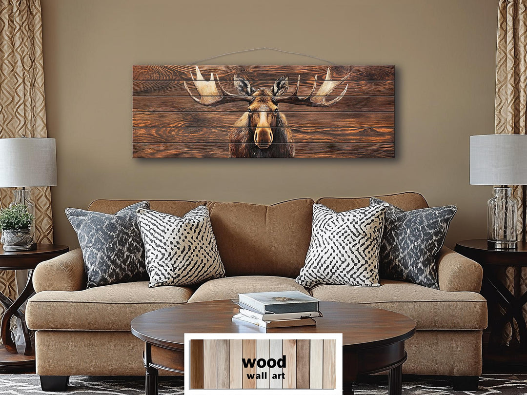 Long Horizontal Moose Real Brown Wood Wall Art