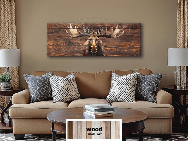 Long Horizontal Moose Real Brown Wood Wall Art