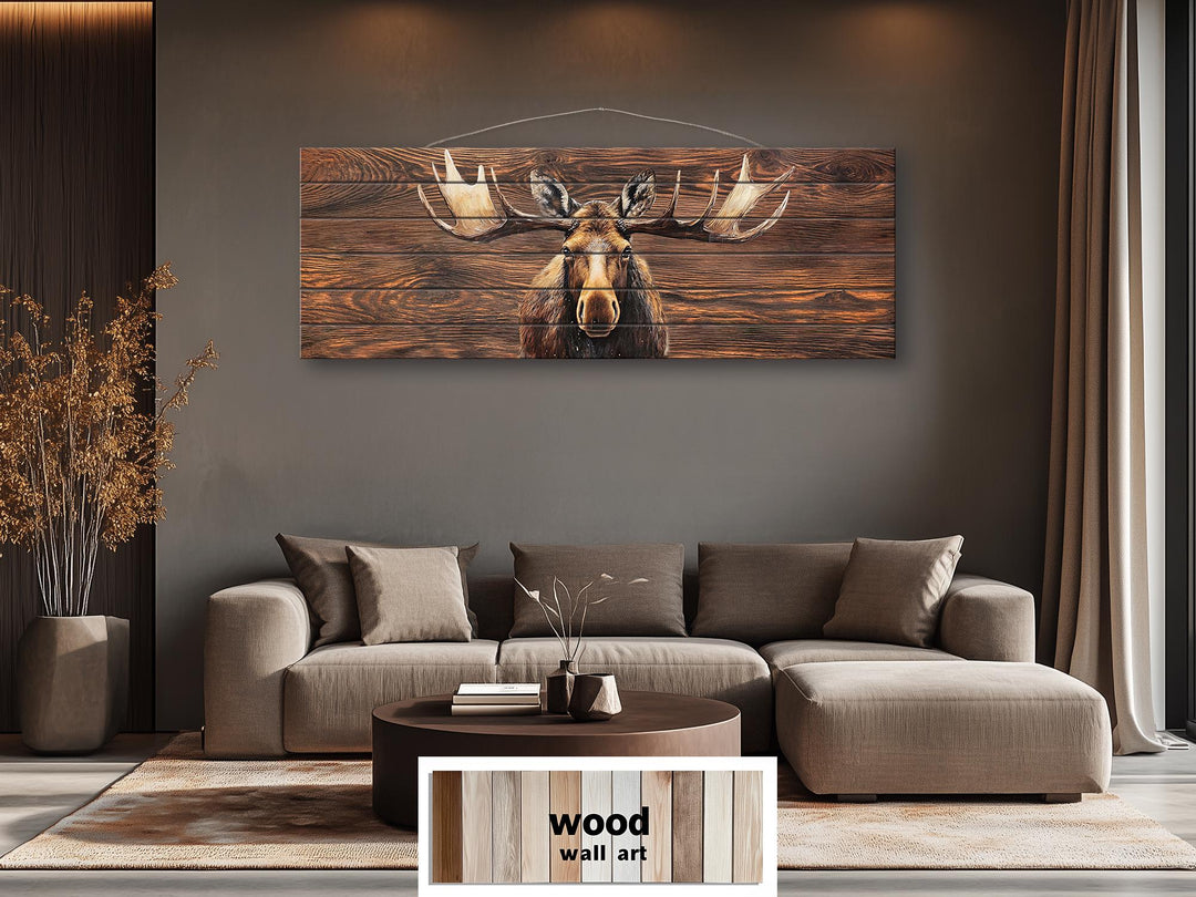 Long Horizontal Moose Real Brown Wood Wall Art