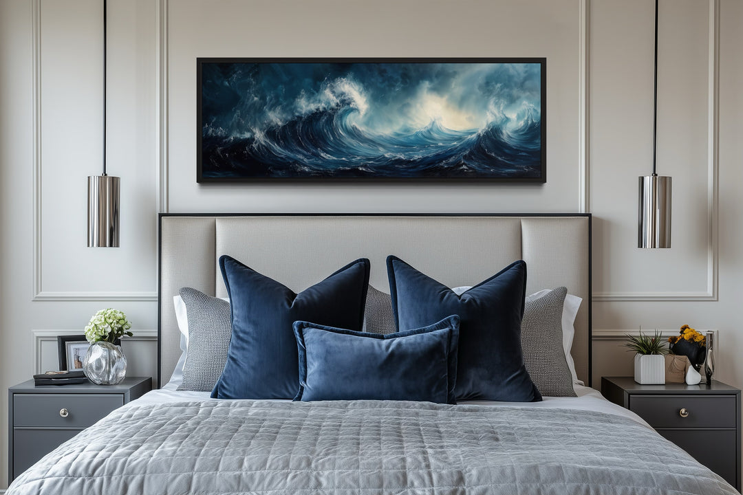 Long Horizontal Navy And Blue Abstract Ocean Wave Framed Canvas Wall Art