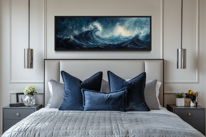 Long Horizontal Navy And Blue Abstract Ocean Wave Framed Canvas Wall Art