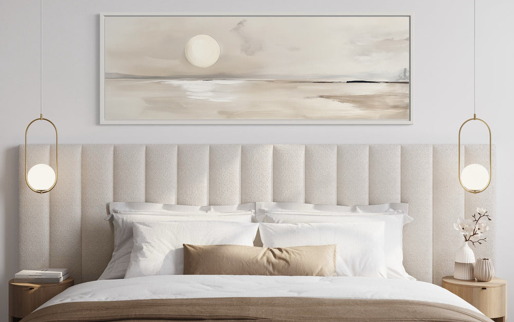 Long Horizontal Neutral Coastal Landscape With Moon Above Bed Wall Art