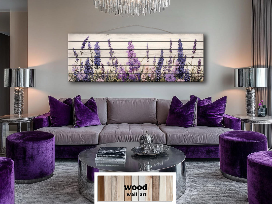 Long Horizontal Purple Lavender Wildflowers Real Wood Wall Art