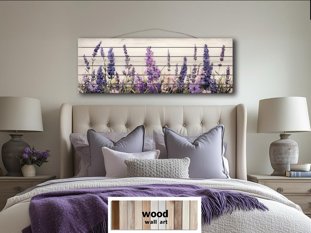 Long Horizontal Purple Lavender Wildflowers Real Wood Wall Art