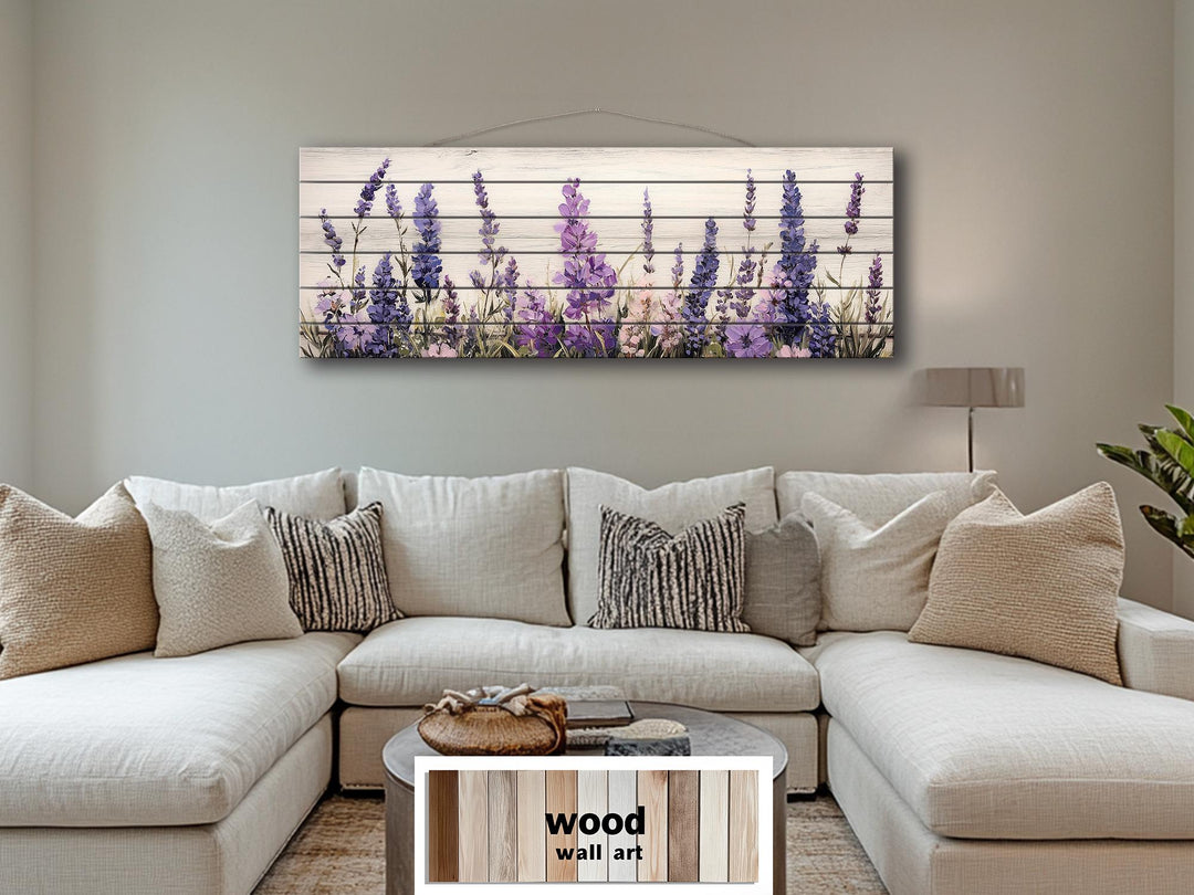 Long Horizontal Purple Lavender Wildflowers Real Wood Wall Art