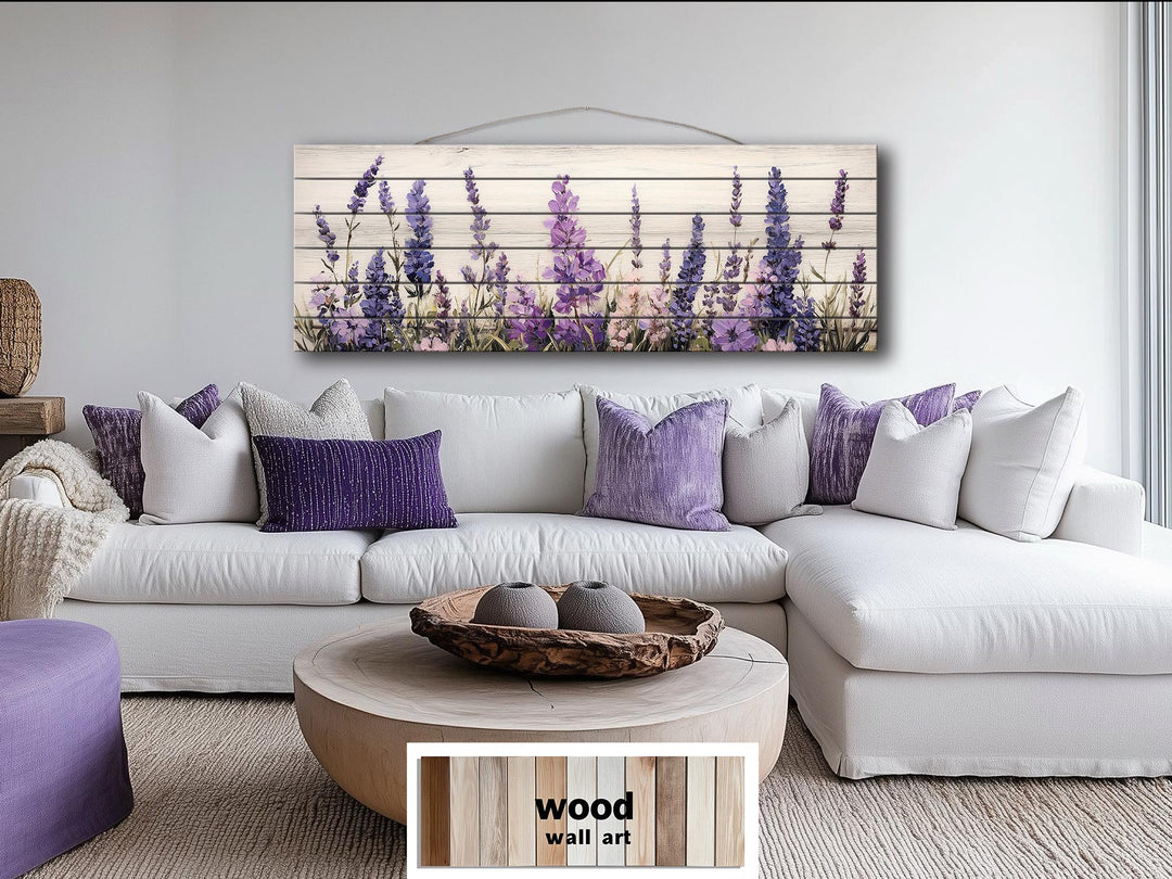 Long Horizontal Purple Lavender Wildflowers Real Wood Wall Art