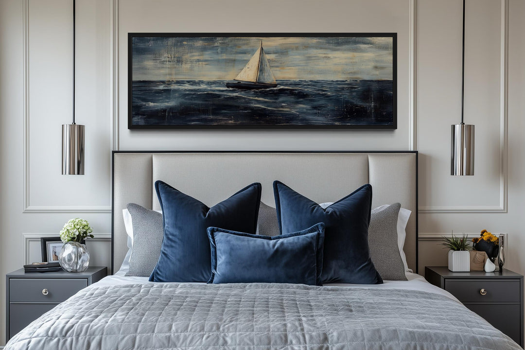 Long Horizontal Sailboat Nautical Above Bed Wall Art