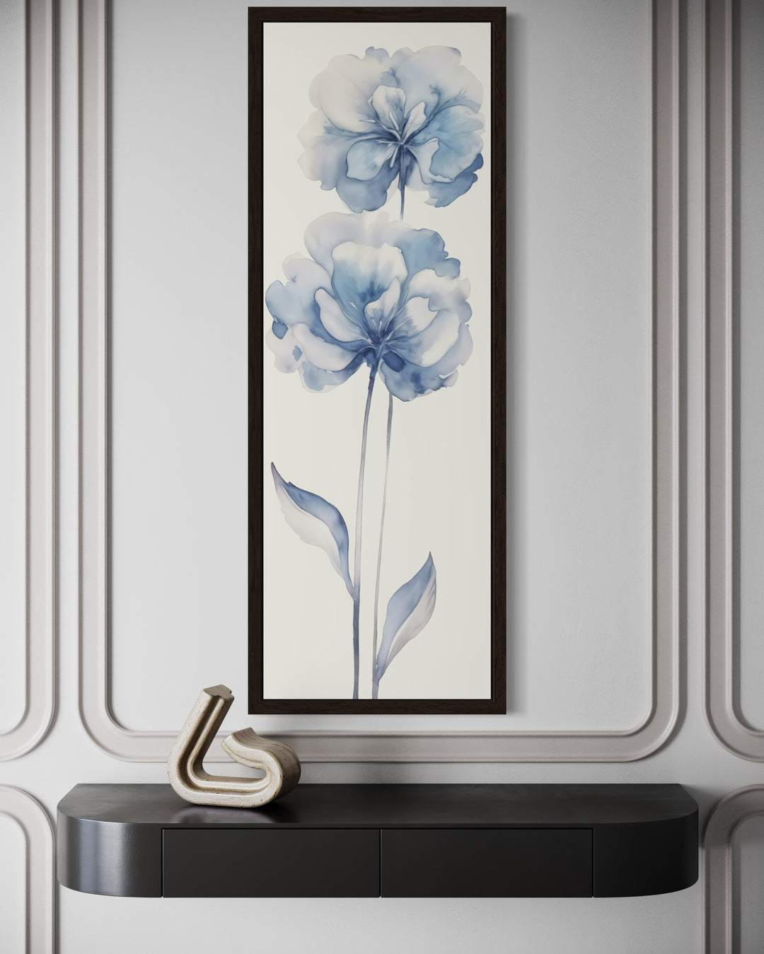 Long Narrow Pale Blue Floral Vertical Framed Canvas Wall Art