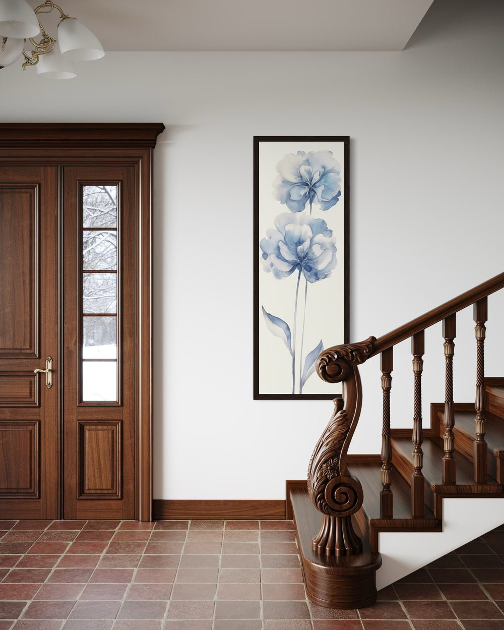 Long Narrow Pale Blue Floral Vertical Framed Canvas Wall Art