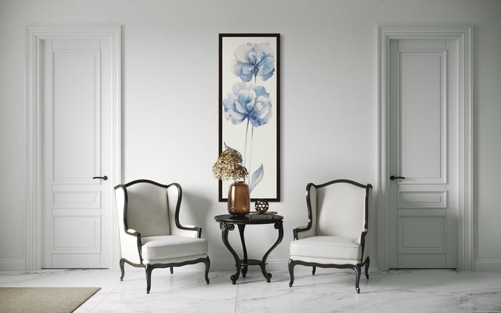 Long Narrow Pale Blue Floral Vertical Framed Canvas Wall Art