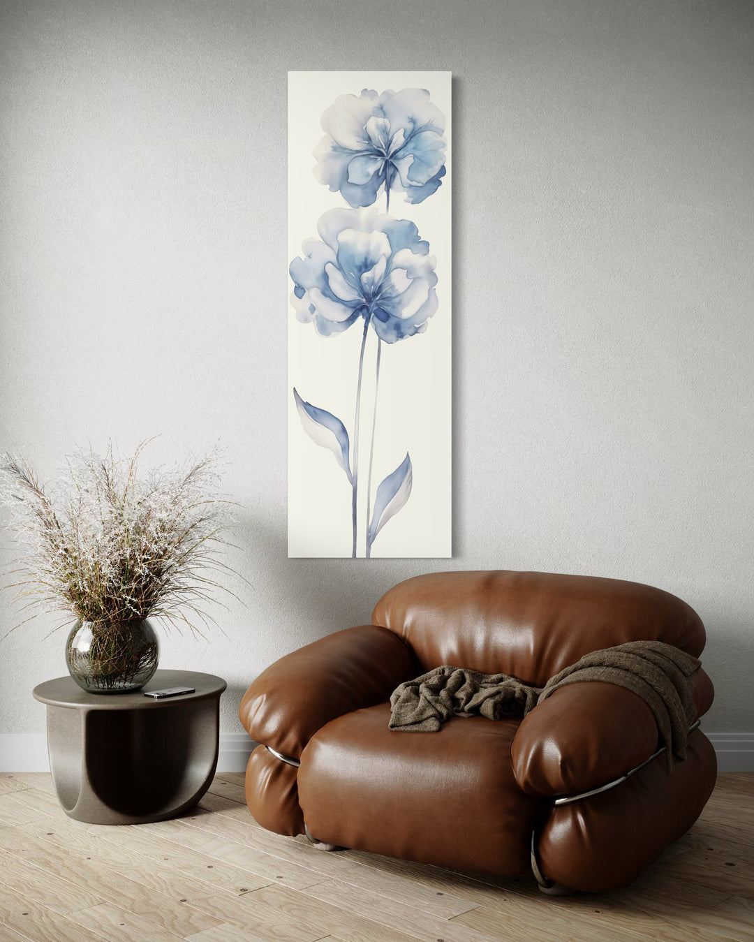 Long Narrow Pale Blue Floral Vertical Framed Canvas Wall Art
