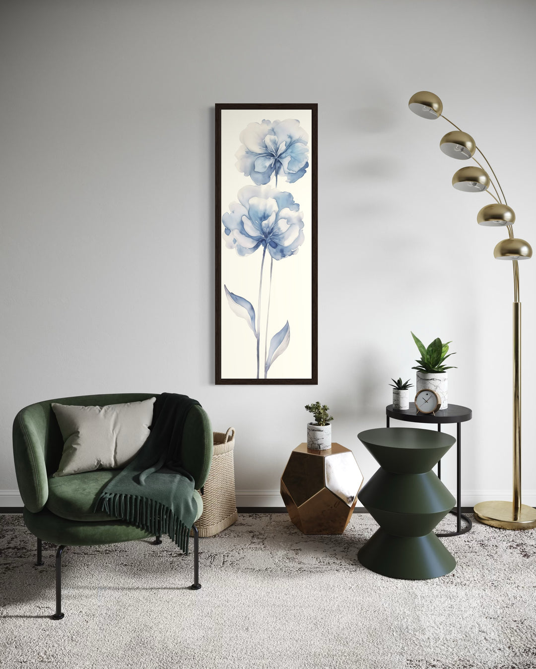 Long Narrow Pale Blue Floral Vertical Framed Canvas Wall Art