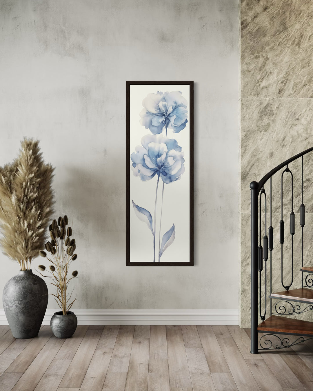 Long Narrow Pale Blue Floral Vertical Framed Canvas Wall Art