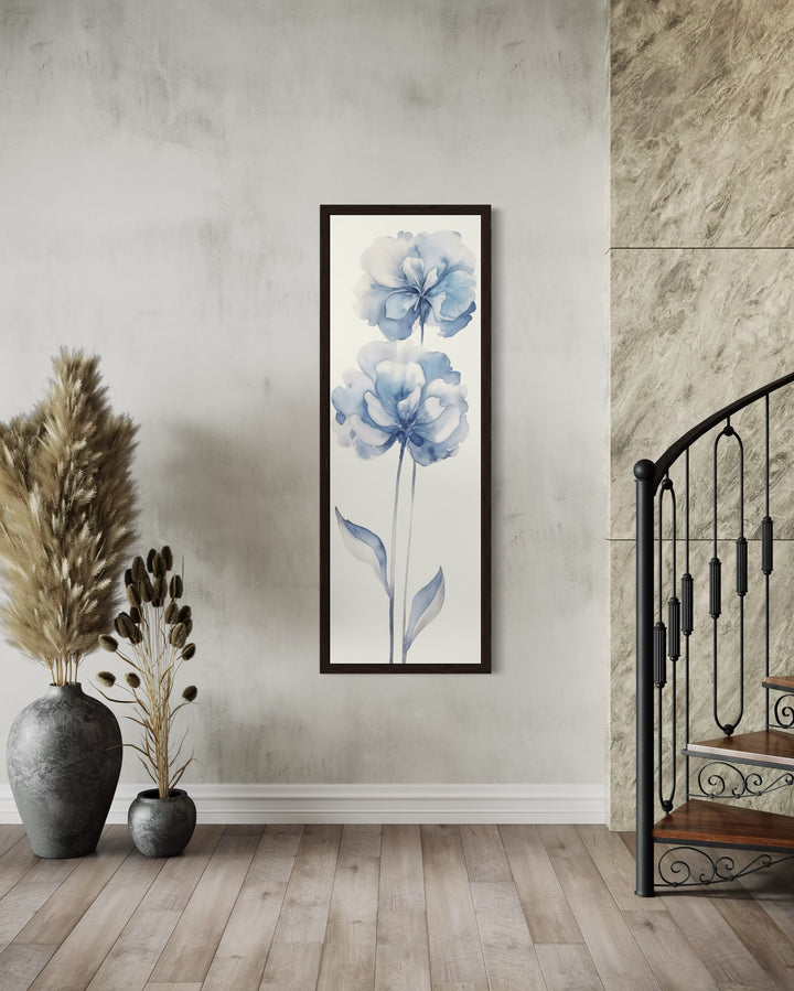 Long Narrow Pale Blue Floral Vertical Framed Canvas Wall Art