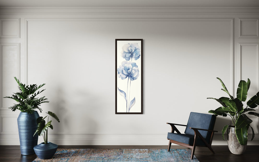 Long Narrow Pale Blue Floral Vertical Framed Canvas Wall Art