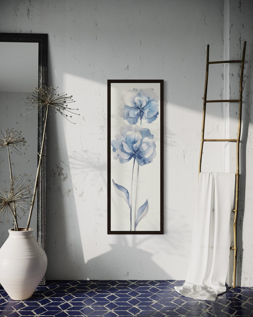 Long Narrow Pale Blue Floral Vertical Framed Canvas Wall Art