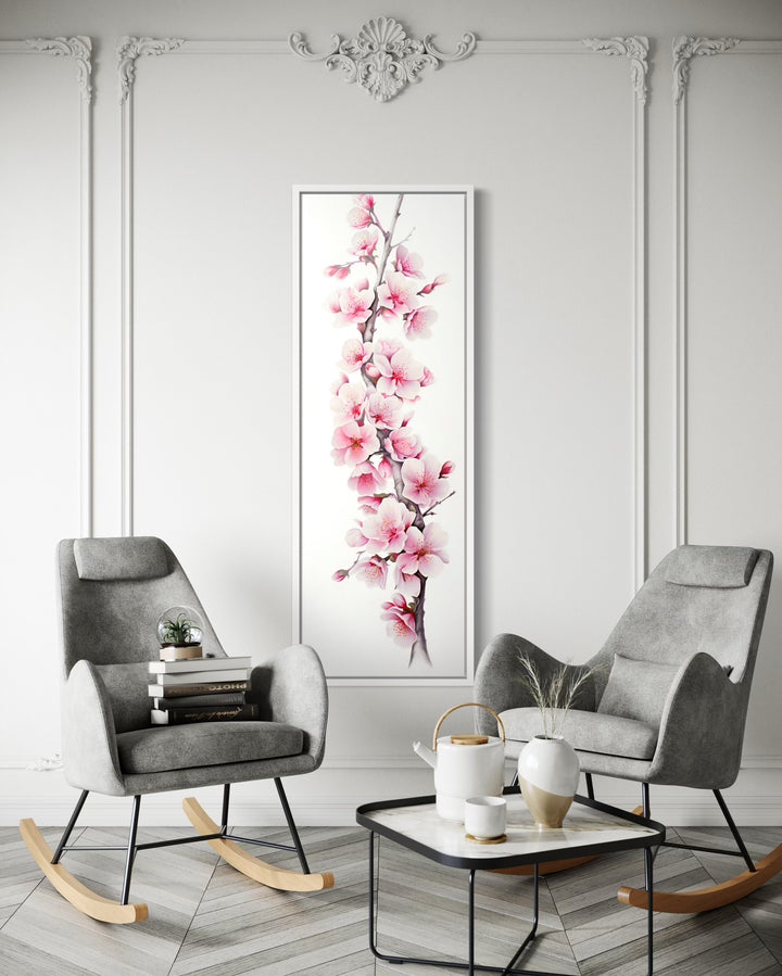 Long Narrow Pink Watercolor Cherry Blossom Sakura Vertical Framed Canvas Wall Art