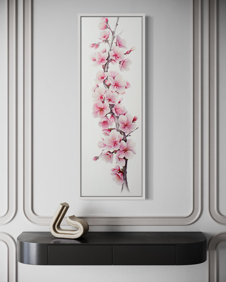 Long Narrow Pink Watercolor Cherry Blossom Sakura Vertical Framed Canvas Wall Art
