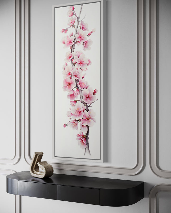Long Narrow Pink Watercolor Cherry Blossom Sakura Vertical Framed Canvas Wall Art
