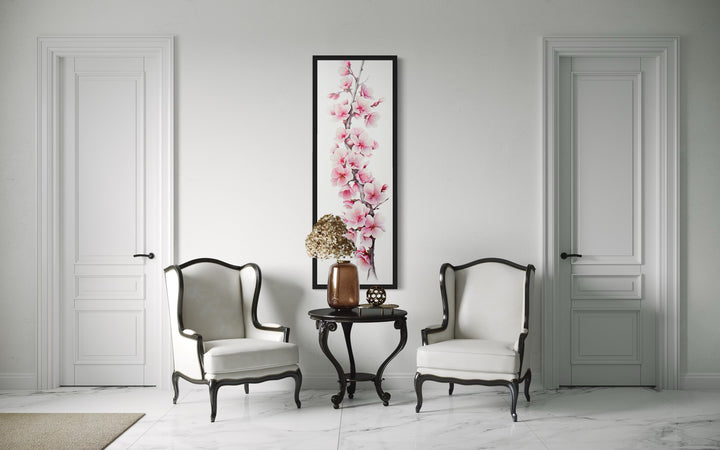 Long Narrow Pink Watercolor Cherry Blossom Sakura Vertical Framed Canvas Wall Art