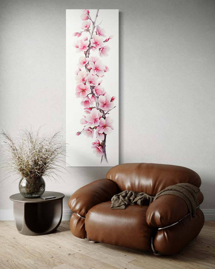 Long Narrow Pink Watercolor Cherry Blossom Sakura Vertical Framed Canvas Wall Art