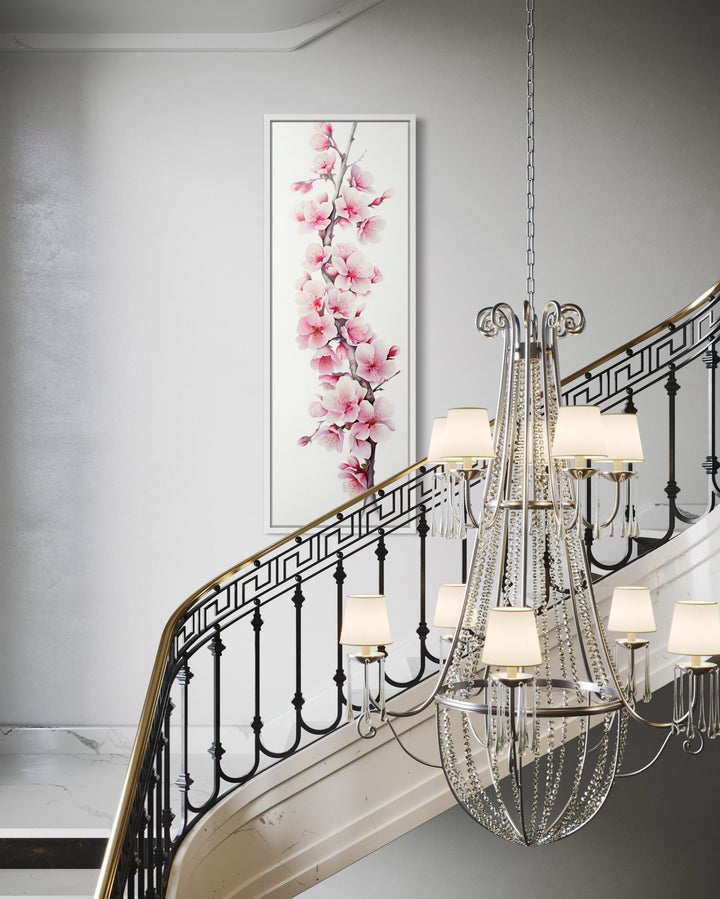 Long Narrow Pink Watercolor Cherry Blossom Sakura Vertical Framed Canvas Wall Art
