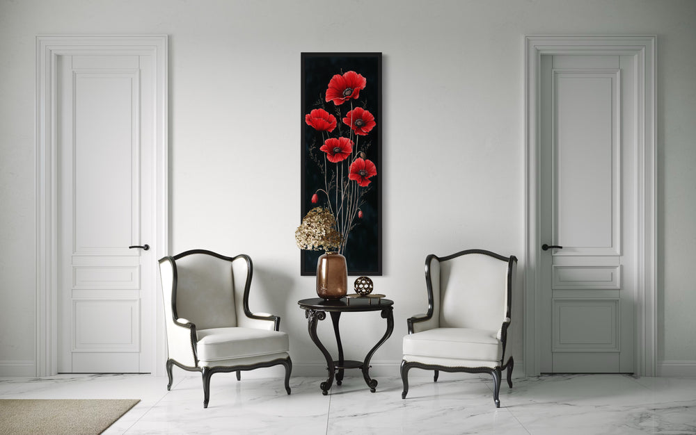 Long Narrow Red Poppies On Black Background Vertical Framed Canvas Wall Art
