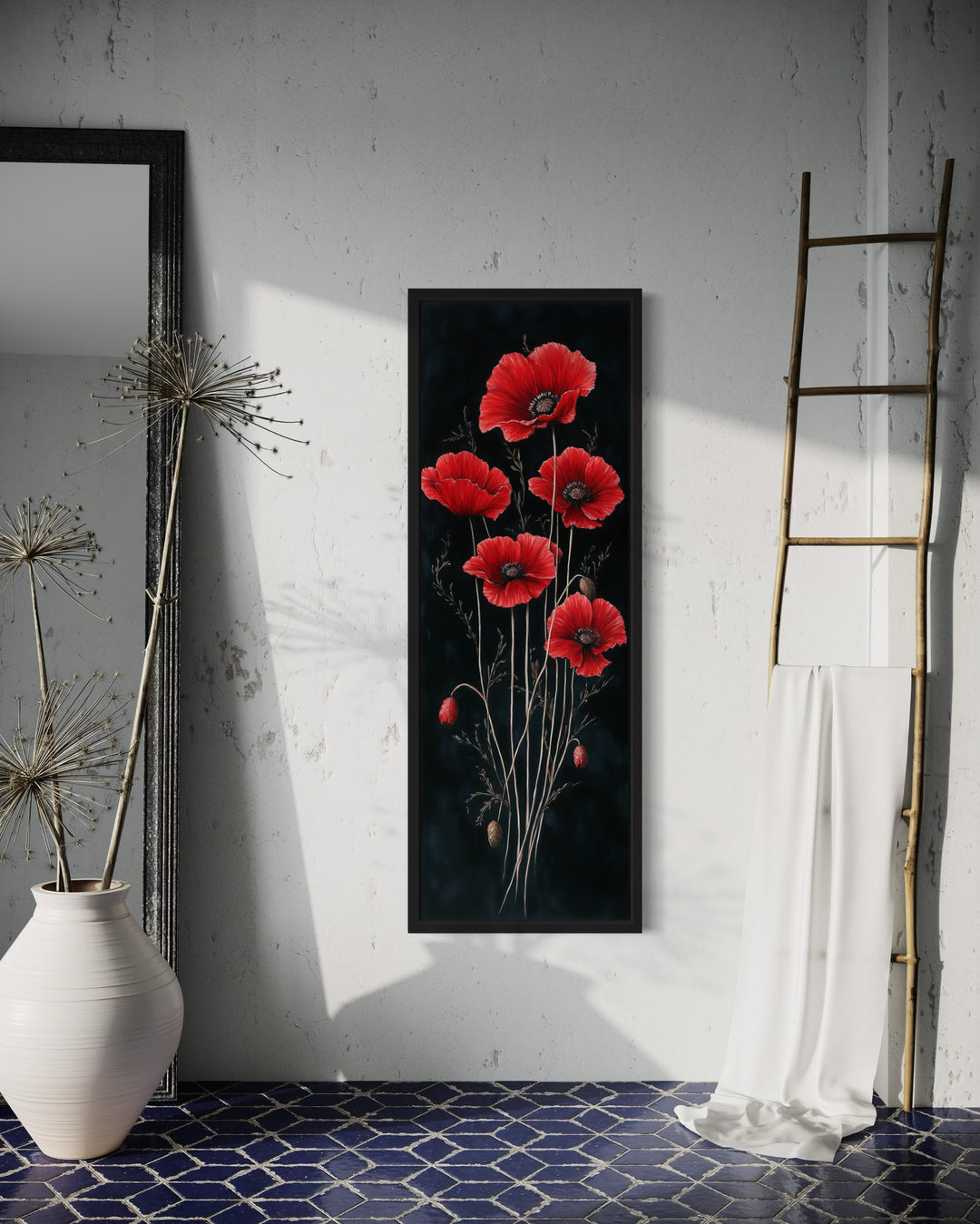 Long Narrow Red Poppies On Black Background Vertical Framed Canvas Wall Art