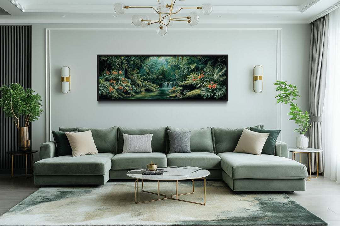 Long Narrow Tropical Forest Green Framed Canvas Wall Art