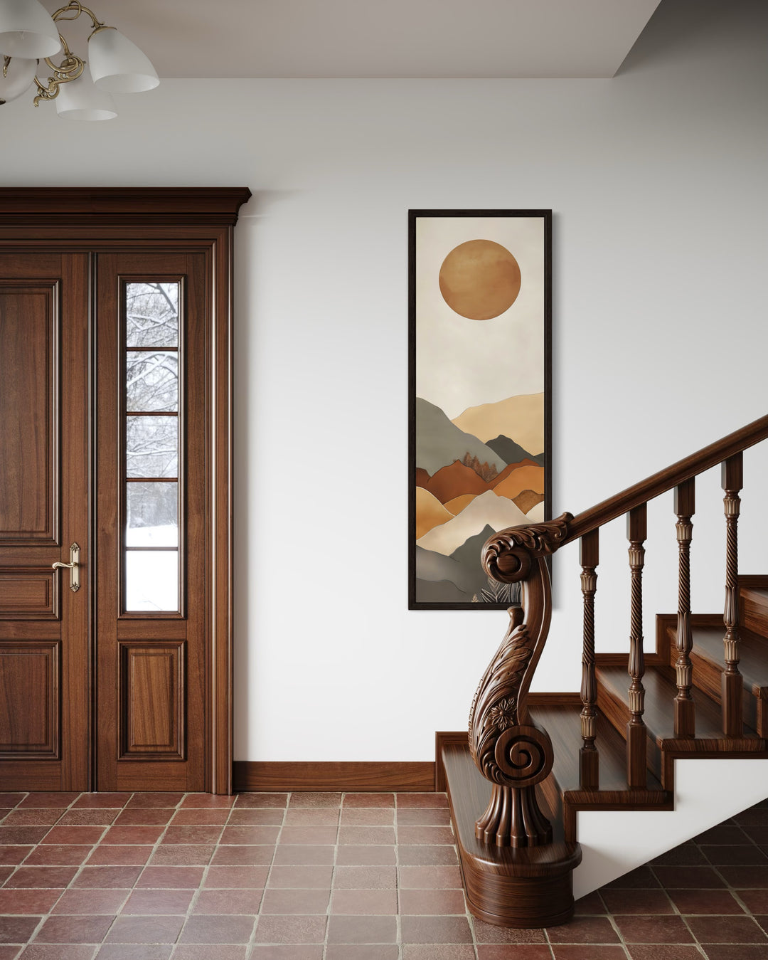 Long Narrow Vertical Mid Century Mountain Landscape Earth Tones Framed Canvas Wall Art