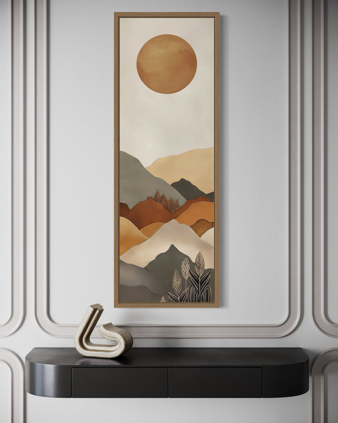 Long Narrow Vertical Mid Century Mountain Landscape Earth Tones Framed Canvas Wall Art