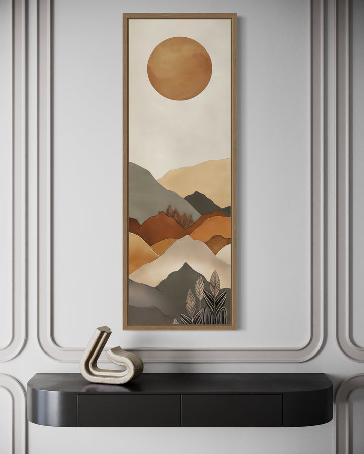 Long Narrow Vertical Mid Century Mountain Landscape Earth Tones Framed Canvas Wall Art