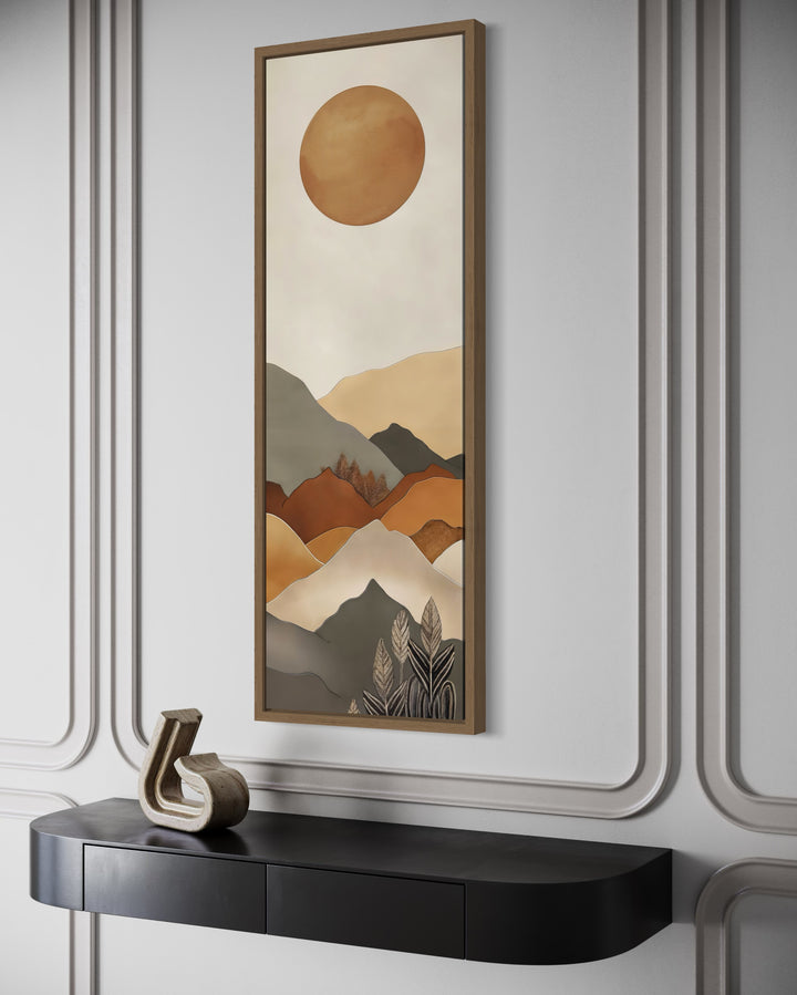 Long Narrow Vertical Mid Century Mountain Landscape Earth Tones Framed Canvas Wall Art