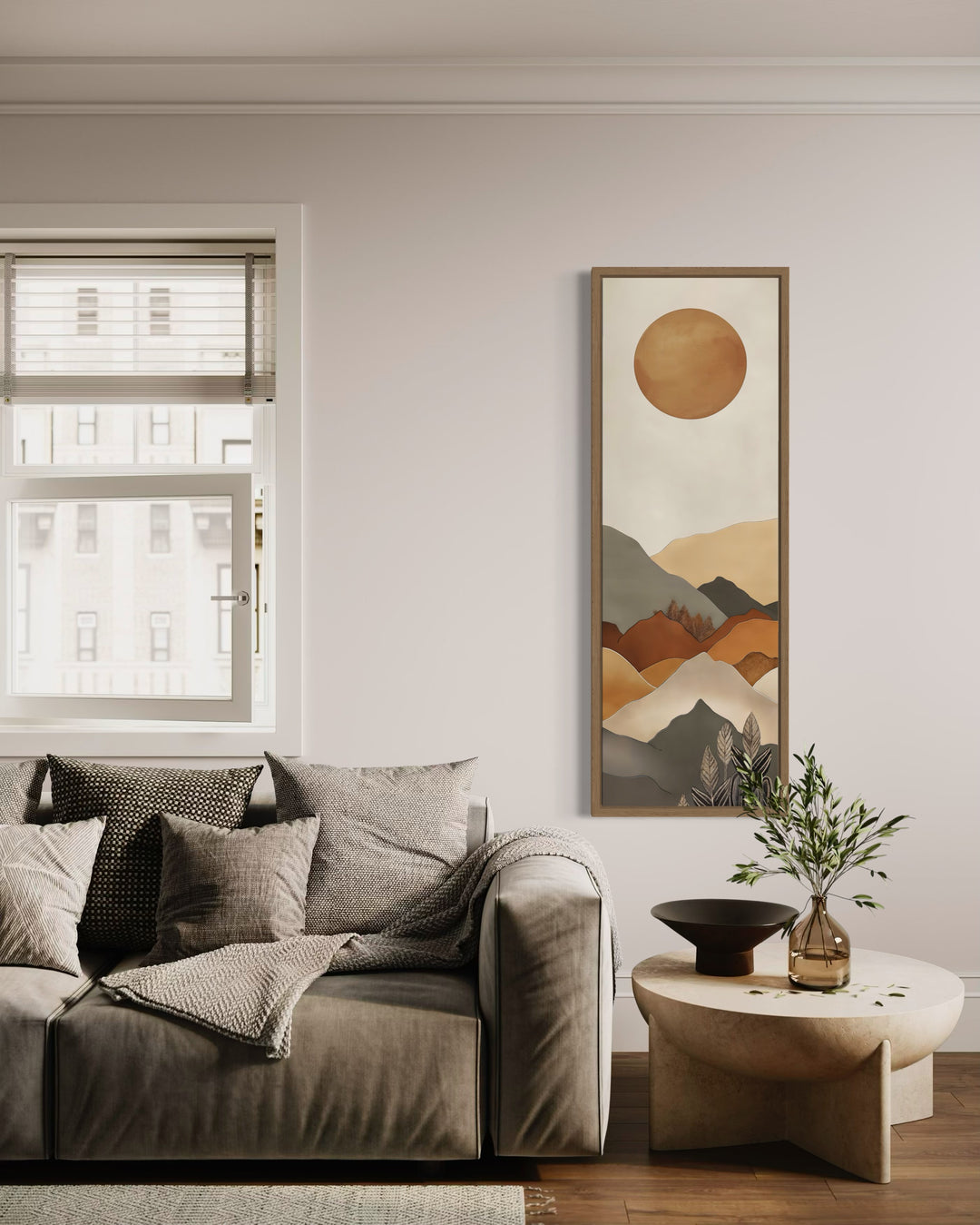 Long Narrow Vertical Mid Century Mountain Landscape Earth Tones Framed Canvas Wall Art