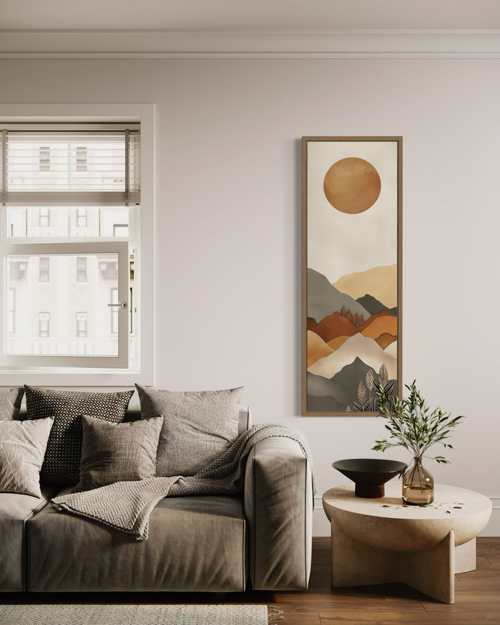 Long Narrow Vertical Mid Century Mountain Landscape Earth Tones Framed Canvas Wall Art