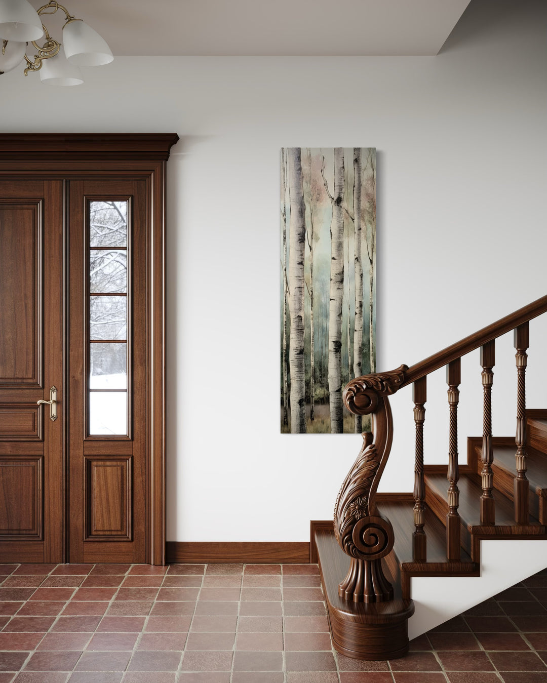 Long Narrow Vertical Watercolor Birch Trees Framed Canvas Wall Art