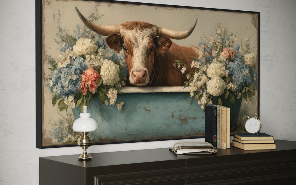 Longhorn Cow In Bathtub With Flowers Canvas Wall Art