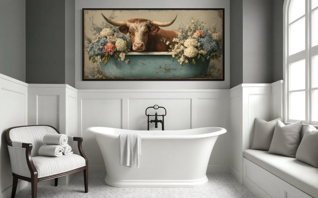 Longhorn Cow In Bathtub With Flowers Canvas Wall Art